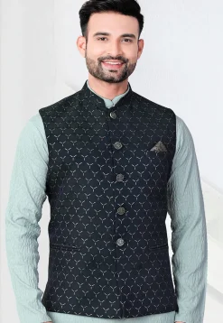 Woven Terry Rayon Jacquard Nehru Jacket in Teal Blue