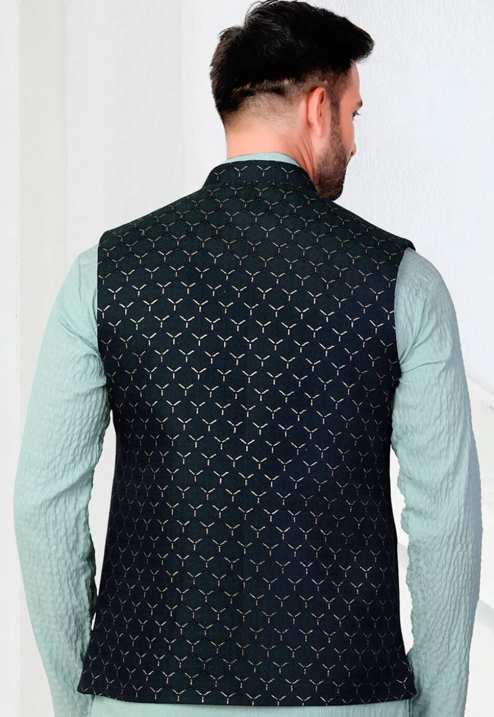 Woven Terry Rayon Jacquard Nehru Jacket in Teal Blue
