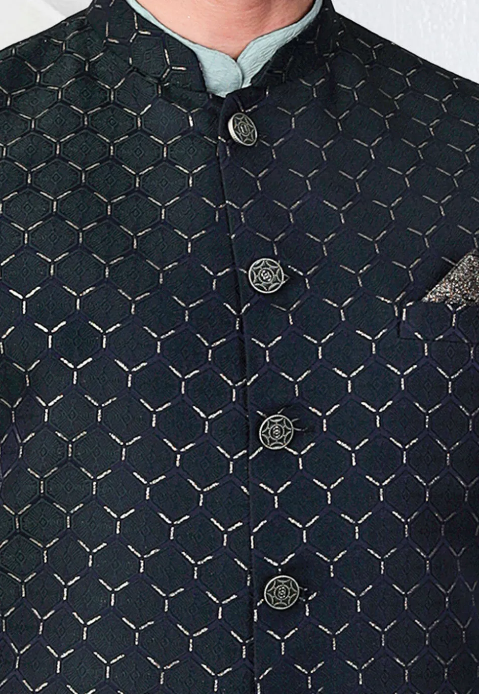 Woven Terry Rayon Jacquard Nehru Jacket in Teal Blue