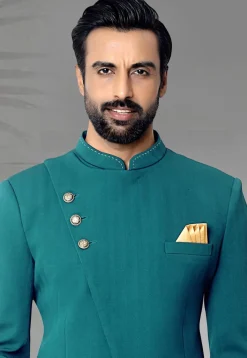 Woven Terry Rayon Jacquard Jodhpuri Suit in Teal Blue