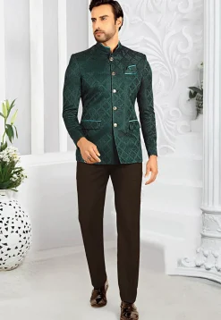 Woven Terry Rayon Jacquard Jodhpuri Suit in Teal Green