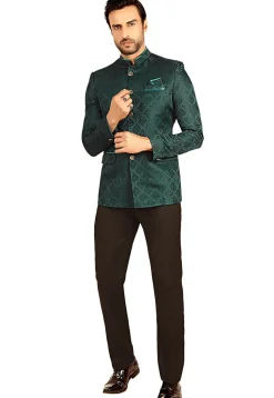 Woven Terry Rayon Jacquard Jodhpuri Suit in Teal Green