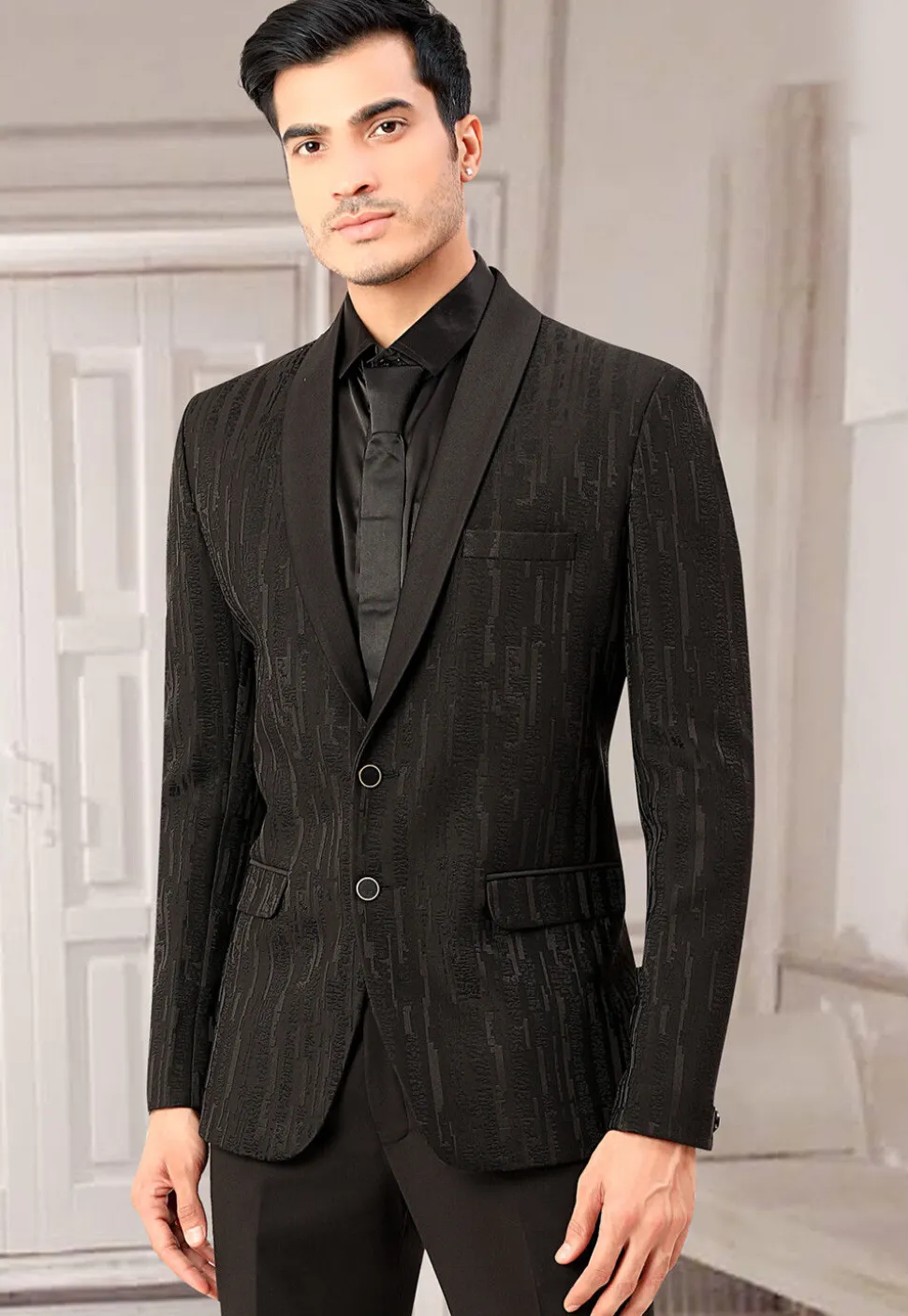 Woven Terry Rayon Jacquard Blazer in Black