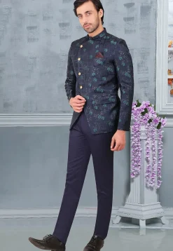 Woven Terry Rayon Jacquard Jodhpuri Suit in Navy Blue