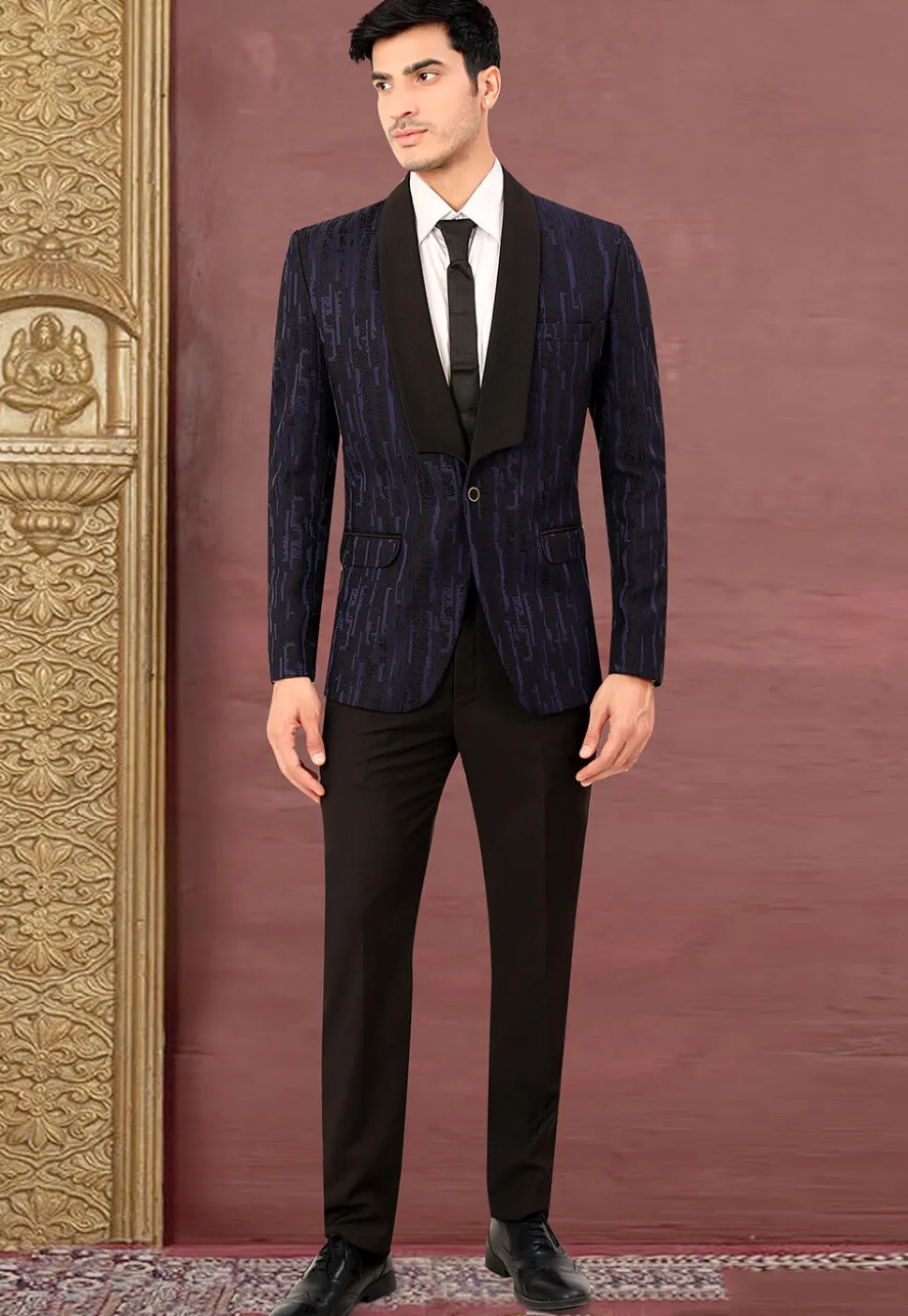 Woven Terry Rayon Jacquard Blazer in Navy Blue