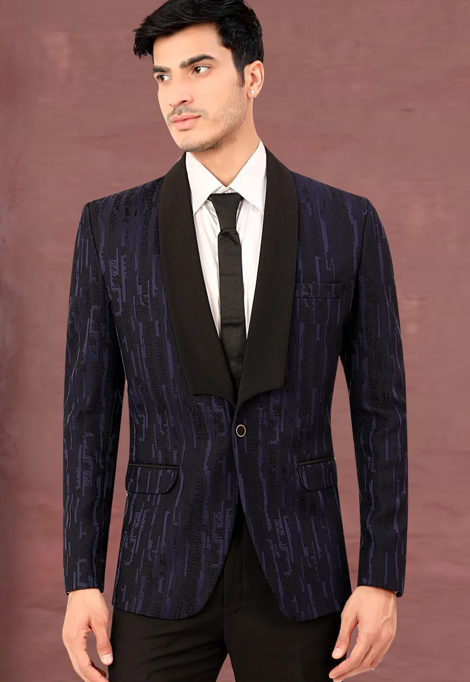 Woven Terry Rayon Jacquard Blazer in Navy Blue