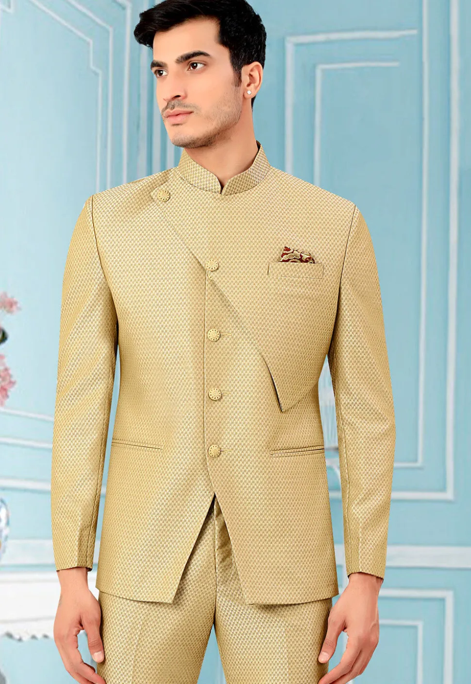 Woven Terry Rayon Jacquard Jodhpuri Jacket in Beige