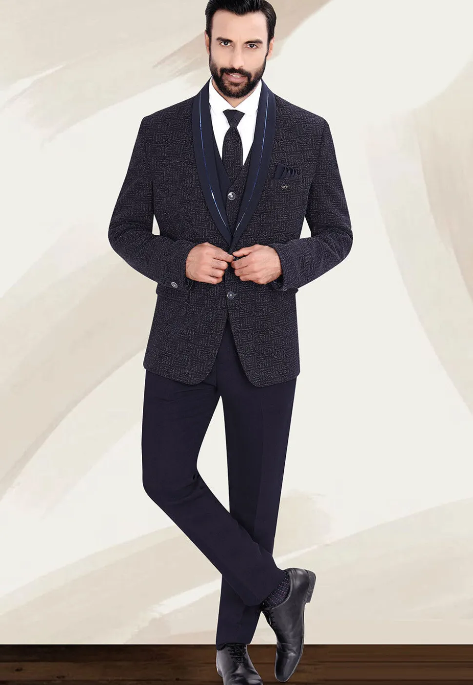 Woven Terry Rayon Jacquard Suit Set in Navy Blue