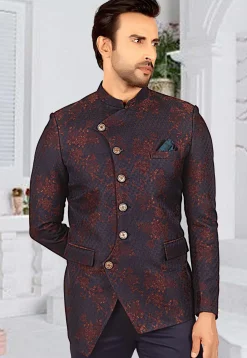Woven Terry Rayon Jacquard Jodhpuri Jacket in Navy Blue