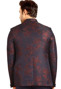 Woven Terry Rayon Jacquard Jodhpuri Jacket in Navy Blue