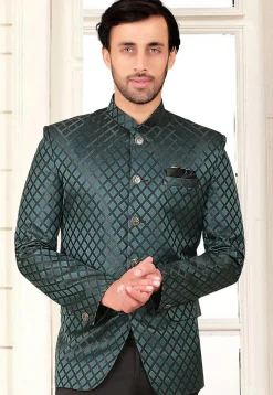 Woven Terry Rayon Jacquard Jodhpuri Jacket in Teal Green
