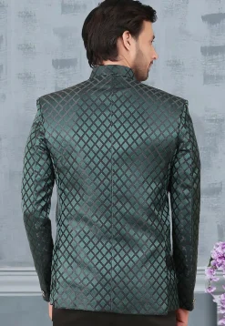 Woven Terry Rayon Jacquard Jodhpuri Jacket in Teal Green