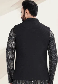 Woven Terry Rayon Jacquard Nehru Jacket in Black