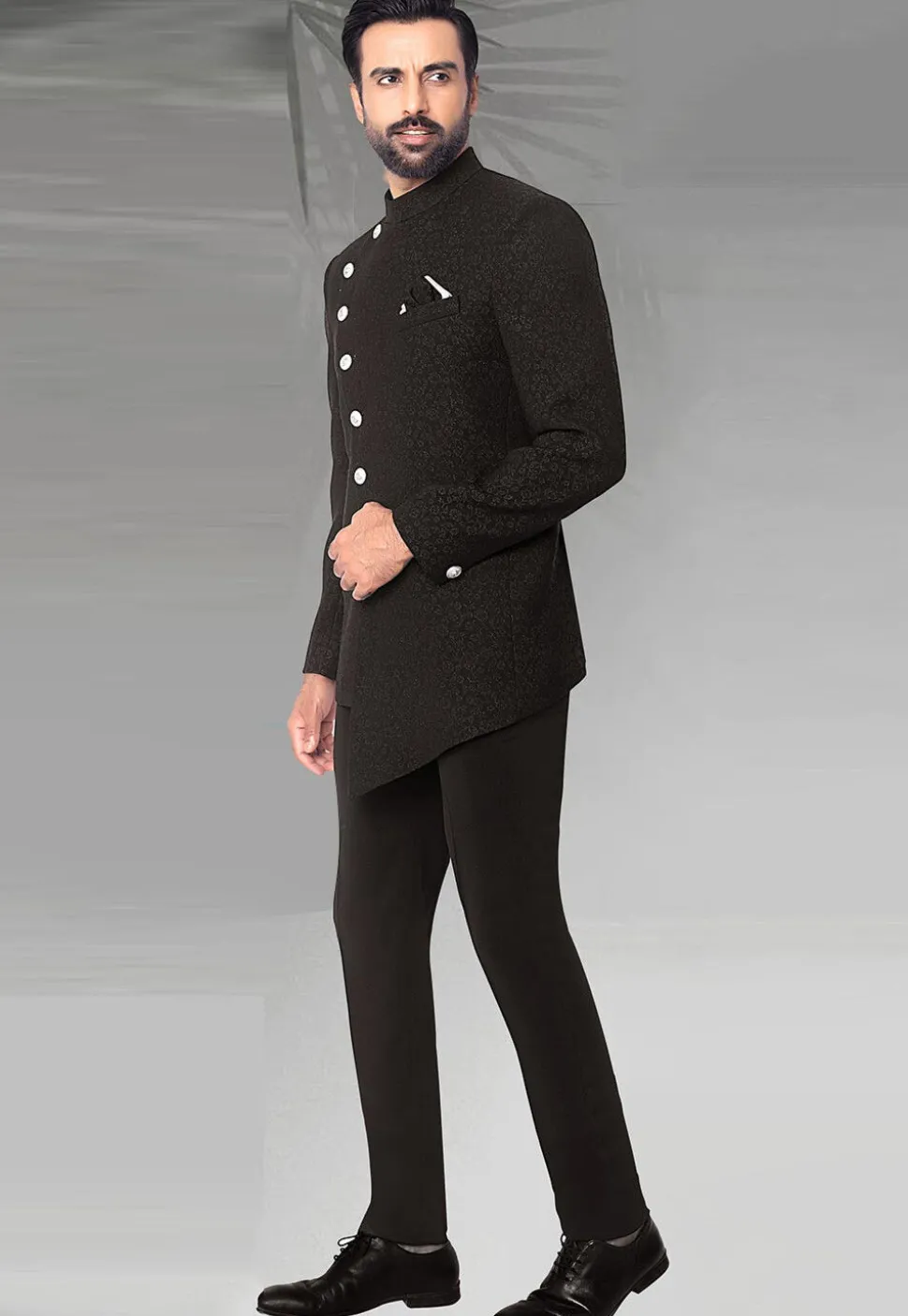 Woven Terry Rayon Jacquard Jodhpuri Suit in Black