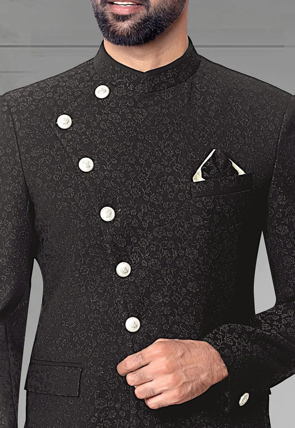 Woven Terry Rayon Jacquard Jodhpuri Suit in Black