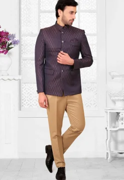 Woven Terry Rayon Jacquard Jodhpuri Suit in Navy Blue and Maroon