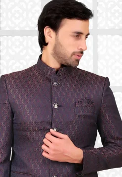 Woven Terry Rayon Jacquard Jodhpuri Suit in Navy Blue and Maroon