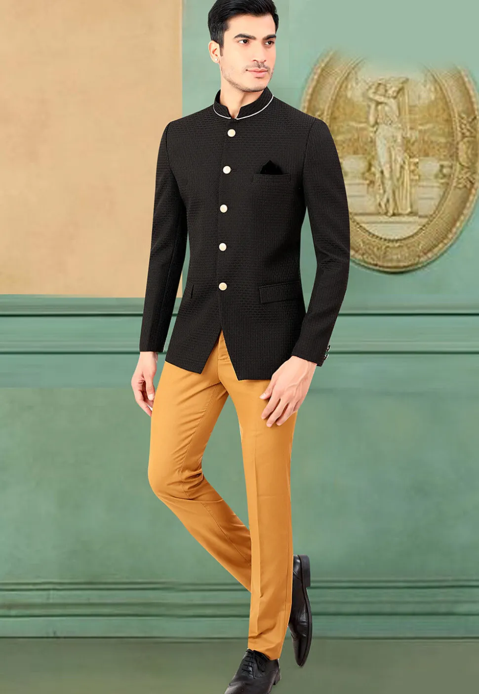 Woven Terry Rayon Jacquard Jodhpuri Suit in Black
