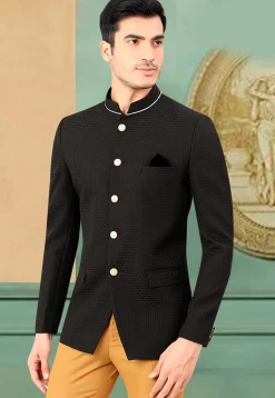 Woven Terry Rayon Jacquard Jodhpuri Suit in Black