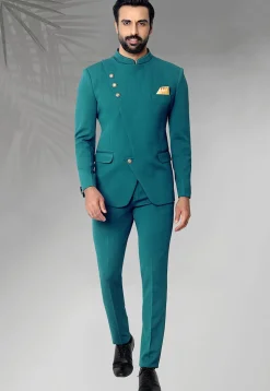 Woven Terry Rayon Jacquard Jodhpuri Jacket in Teal Blue