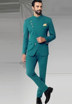 Woven Terry Rayon Jacquard Jodhpuri Jacket in Teal Blue
