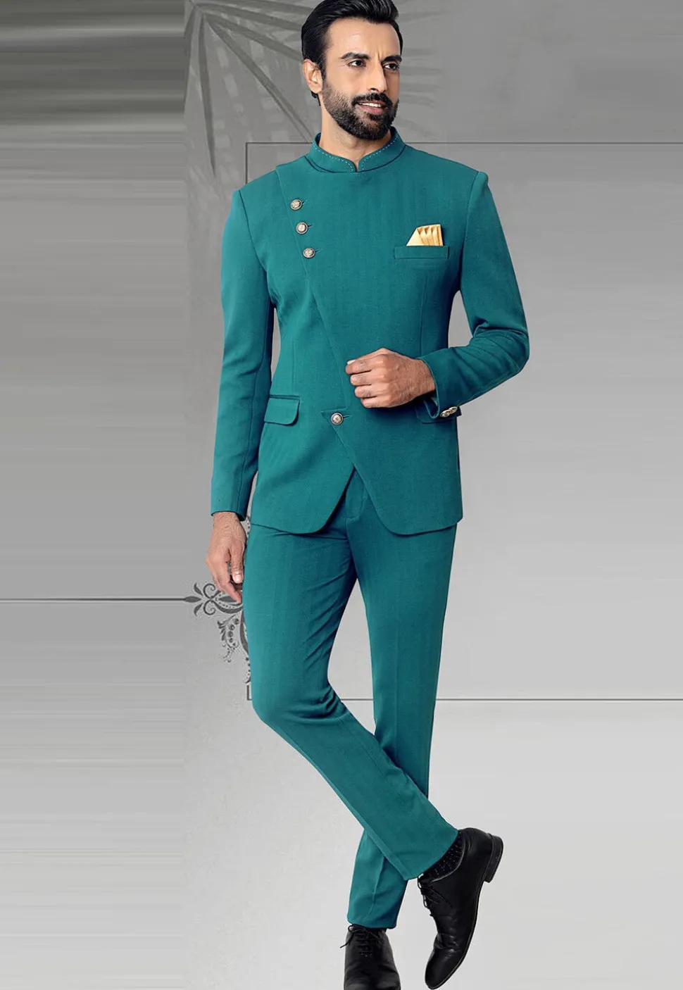 Woven Terry Rayon Jacquard Jodhpuri Jacket in Teal Blue