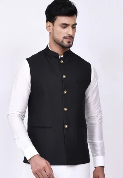 Woven Terry Rayon Jacquard Nehru Jacket in Black