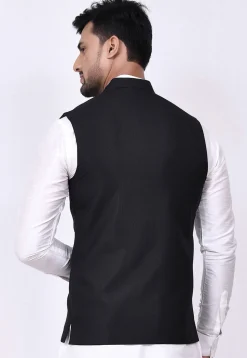 Woven Terry Rayon Jacquard Nehru Jacket in Black
