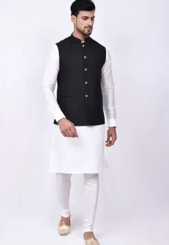 Woven Terry Rayon Jacquard Nehru Jacket in Black