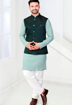 Woven Terry Rayon Jacquard Nehru Jacket in Dark Green