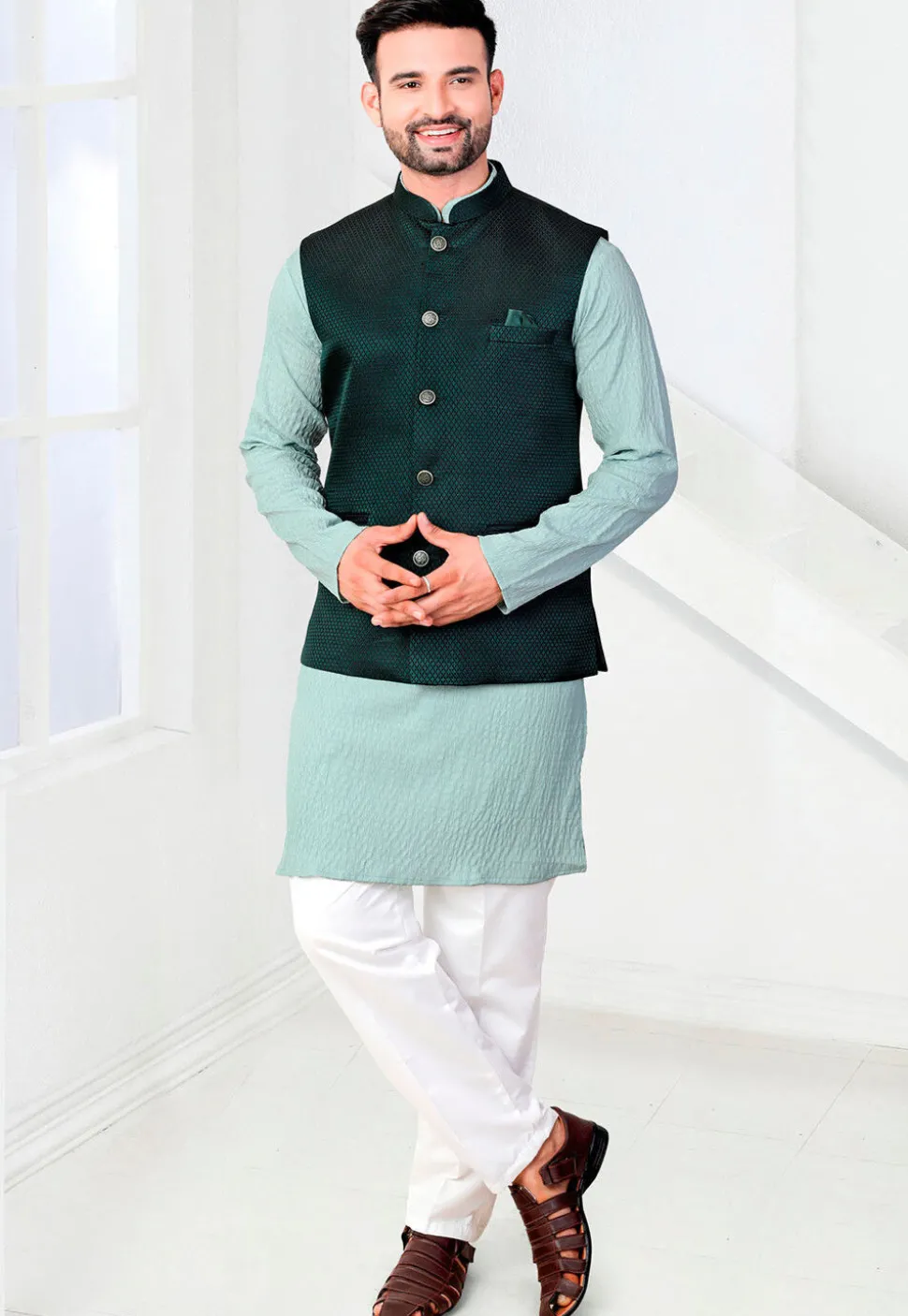 Woven Terry Rayon Jacquard Nehru Jacket in Dark Green