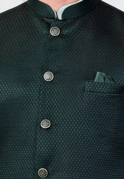 Woven Terry Rayon Jacquard Nehru Jacket in Dark Green