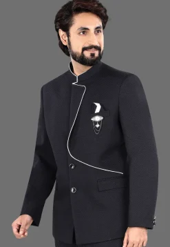 Woven Terry Rayon Jacquard Jodhpuri Jacket in Black