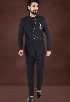 Woven Terry Rayon Jacquard Jodhpuri Jacket in Black