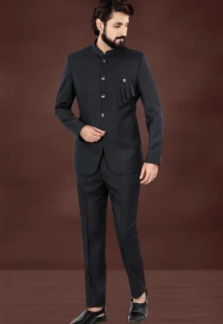Woven Terry Rayon Jacquard Jodhpuri Jacket in Dark Grey