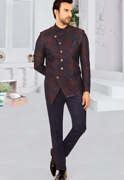 Woven Terry Rayon Jacquard Jodhpuri Suit in Navy Blue