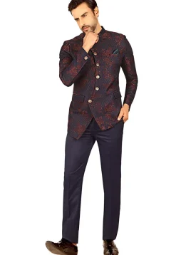 Woven Terry Rayon Jacquard Jodhpuri Suit in Navy Blue