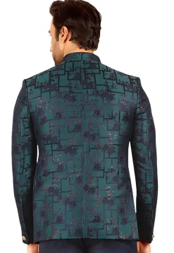 Woven Terry Rayon Jacquard Jodhpuri Jacket in Teal Blue