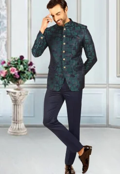 Woven Terry Rayon Jacquard Jodhpuri Jacket in Teal Blue