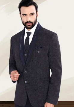 Woven Terry Rayon Jacquard Blazer in Navy Blue