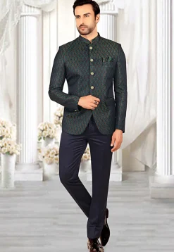 Woven Terry Rayon Jacquard Jodhpuri Suit in Navy Blue