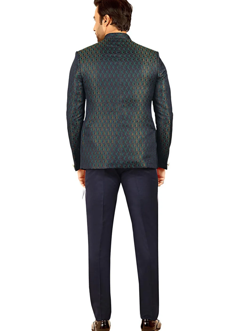Woven Terry Rayon Jacquard Jodhpuri Suit in Navy Blue