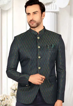 Woven Terry Rayon Jacquard Jodhpuri Jacket in Navy Blue