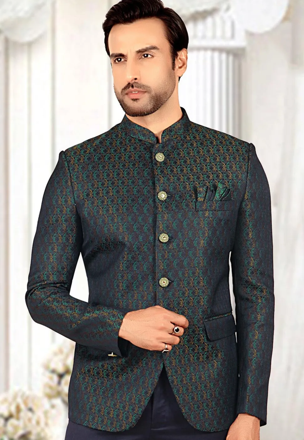Woven Terry Rayon Jacquard Jodhpuri Jacket in Navy Blue