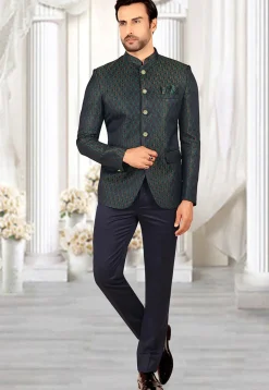 Woven Terry Rayon Jacquard Jodhpuri Jacket in Navy Blue