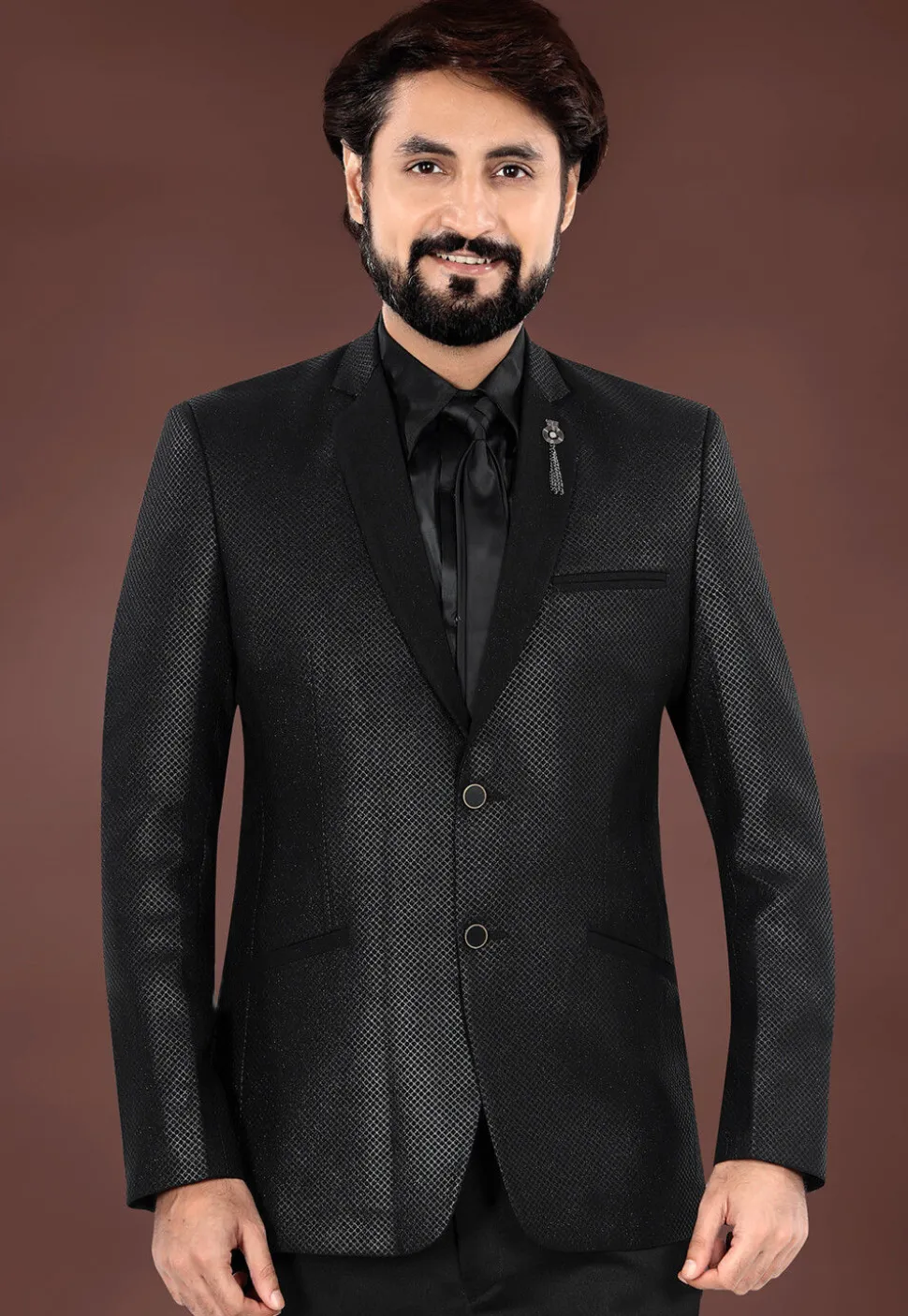 Woven Terry Rayon Jacquard Blazer in Black