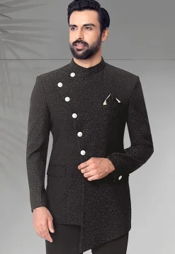 Woven Terry Rayon Jodhpuri Jacket in Black