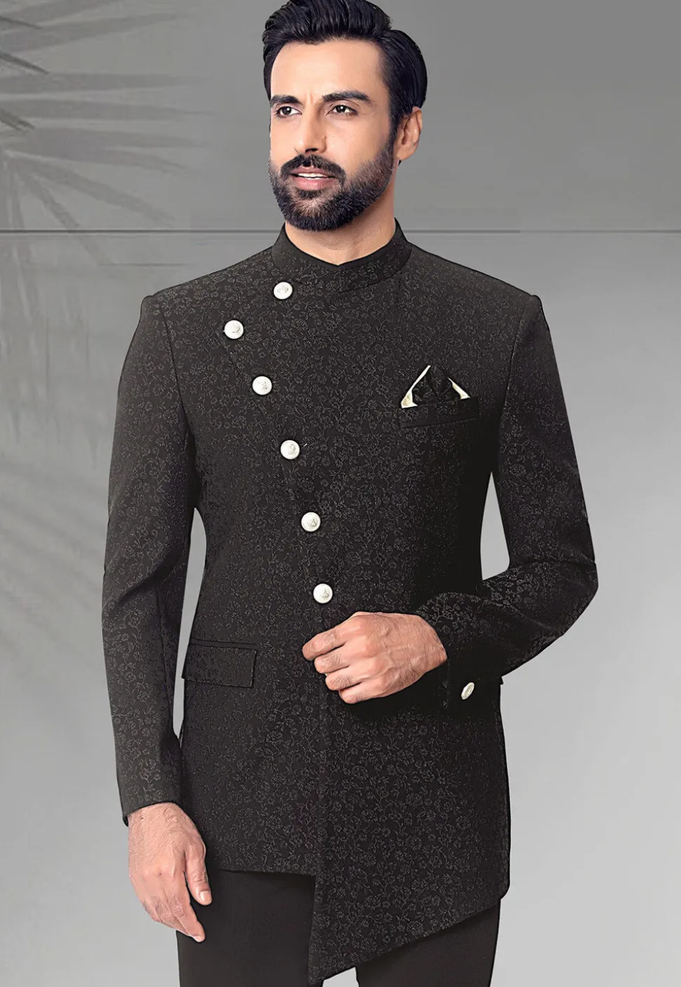 Woven Terry Rayon Jodhpuri Jacket in Black
