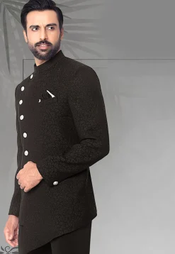Woven Terry Rayon Jodhpuri Jacket in Black