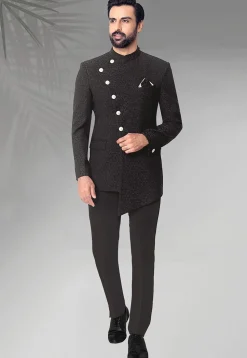 Woven Terry Rayon Jodhpuri Jacket in Black